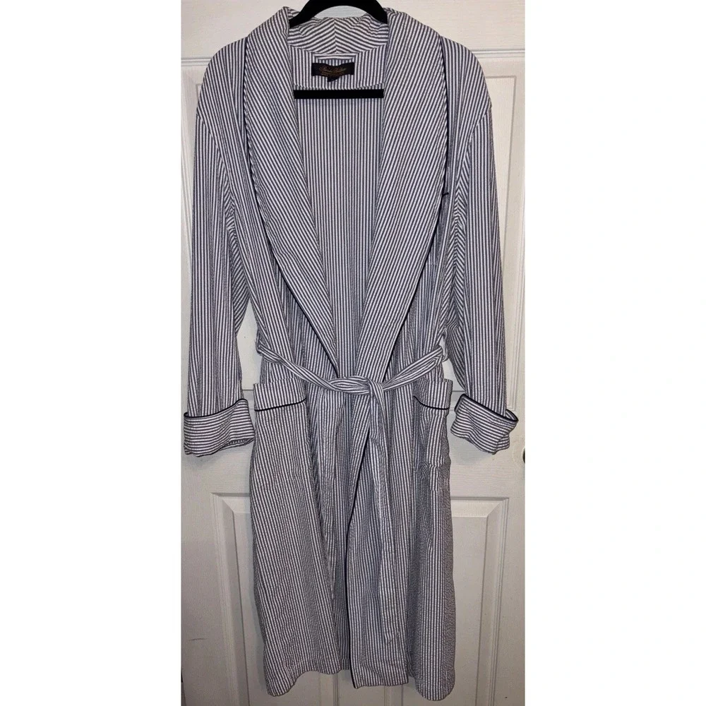 Brooks Brothers Robe Men's M Blue White Seersucker Striped Belted Preppy Classic